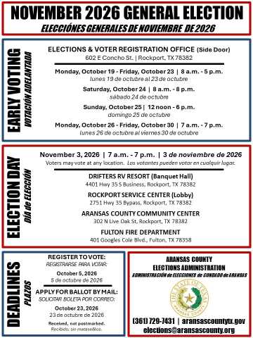 Flyer - Early Voting Schedule, Election Day, and Deadlines - November 2026 General Election (Election/horario de votación anticipada, centres de votación el día de las elecciones y fechas límite - Elecciones Generales De Noviembre De 2026